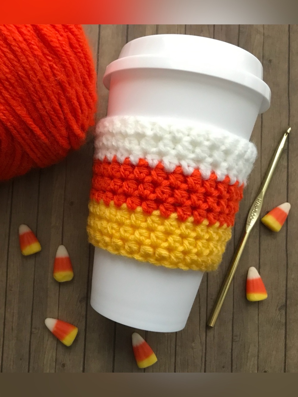 Handmade Crochet Candy Corn Cup Cozy, White, Orange & Yellow Crochet Coffee Cozy